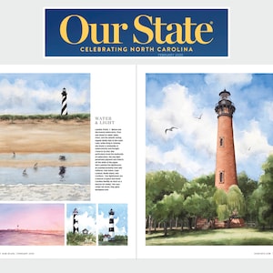 May include: Watercolor painting of a lighthouse on a beach with a blue sky and white clouds. The lighthouse is red and white with a black and white striped top. The painting is titled "Water & Light" and is by Laura Potts.