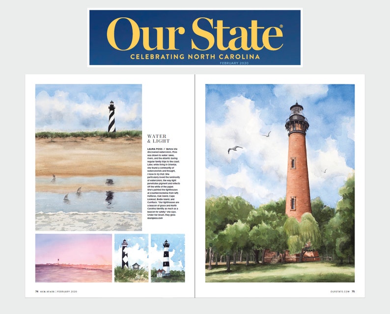May include: Watercolor painting of a lighthouse on a beach with a blue sky and white clouds. The lighthouse is red and white with a black and white striped top. The painting is titled "Water & Light" and is by Laura Potts.