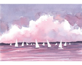 Sailboat Original Watercolor Painting | Pink Sky Coastal Art (9.75x6.75