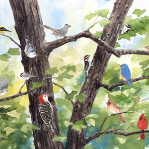 8x10 Watercolor Print of Backyard Songbirds, from a Painting by Laura Poss image 1