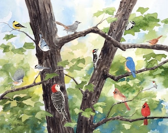 8x10"- Watercolor Print of Backyard Songbirds, from a Painting by Laura Poss