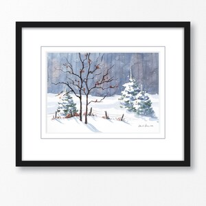 Original Watercolor Painting of a Landscape with Falling Snow, a Northern Cardinal Bird, and Wintry Trees // by Laura D Poss image 2