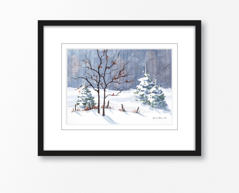 Original Watercolor Painting of a Landscape with Falling Snow, a Northern Cardinal Bird, and Wintry Trees // by Laura D Poss image 2