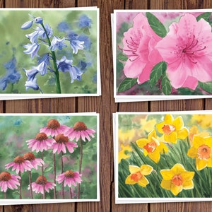 8 cartes de correspondance à l'aquarelle avec enveloppes, avec quatre aquarelles florales assorties de Laura Poss, intérieur vierge//cartes faites à la main