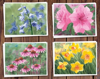 8 Watercolor Note Cards with Envelopes, Featuring Four Assorted Floral Watercolor Paintings by Laura Poss, Blank Inside // handmade cards