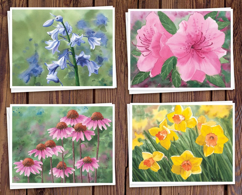 8 Watercolor Note Cards with Envelopes, Featuring Four Assorted Floral Watercolor Paintings by Laura Poss, Blank Inside // handmade cards image 1