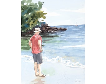 A Day at the Shore, Original Watercolor, with Pen and Ink Painting (Line and Wash) by Laura Poss