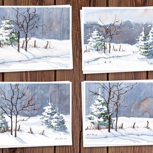 8 cartões de anotações em aquarela com envelopes, com quatro aquarelas sortidas de inverno com cardeais do norte, em branco por dentro // Cartões feitos à mão