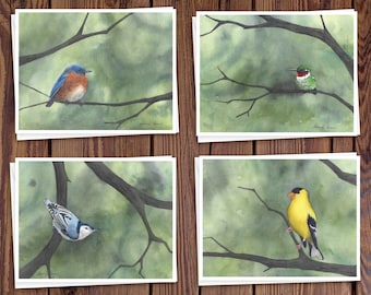 8 Watercolor Note Cards with Envelopes, Featuring Four Assorted Bird Watercolor Paintings by Laura Poss, Blank Inside // Handmade Cards