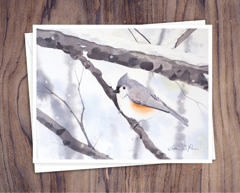 8 cartes de correspondance à l'aquarelle avec enveloppes, représentant quatre aquarelles d'oiseaux d'hiver par Laura D. Poss, vierges à l'intérieur // Cartes faites à la main image 6