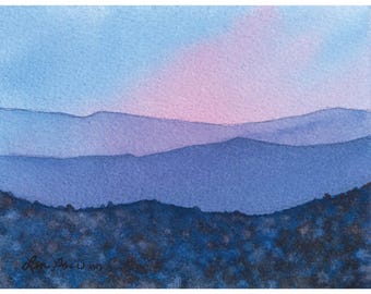 Blue Ridge Mountains Original Watercolor | Sunset Fall Landscape | 5x4 Miniature Art | Laura Poss Art