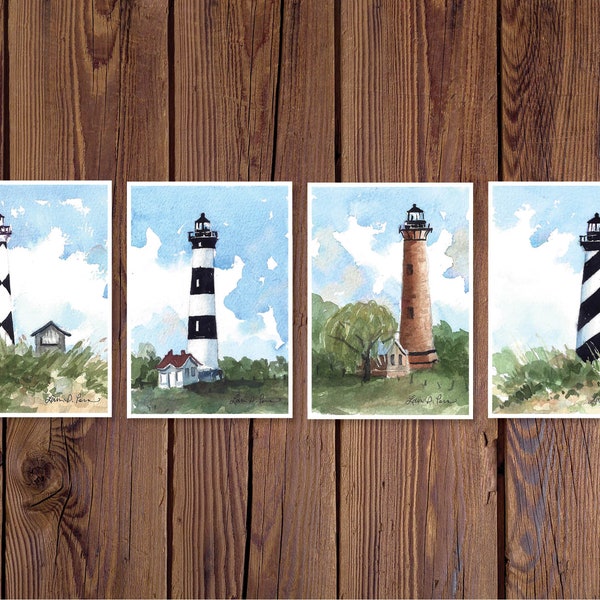 Four 3 1/2 x 5" Watercolor Prints- Set of 4 Lighthouse Giclees from Paintings by Laura D. Poss // north carolina, outer banks