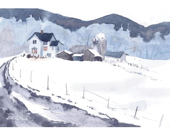 Originele aquarel winterboerderij | Besneeuwde landschapskunst, 10 x 7 inch