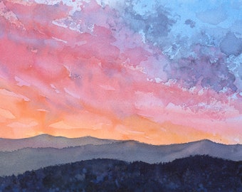 Blue Ridge Mountains Original Watercolor Painting by Laura Poss, Sunset in the Mountains