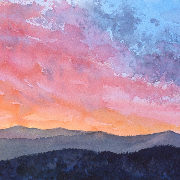 Blue Ridge Mountains Original Watercolor Painting by Laura Poss, Sunset in the Mountains