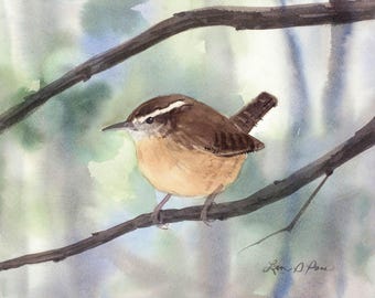 Carolina Wren Watercolor Print | Wildlife Art Print | Backyard Bird Decor | Laura Poss Art