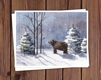 8 Watercolor Note Cards | Handmade Cards with Wintry Bear and Cardinal Bird Scene, blank on the inside