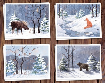 8 Watercolor Note Cards with Envelopes, Featuring Four Assorted Winter Wildlife Watercolors with a Cardinal, Bear, Moose, and Fox