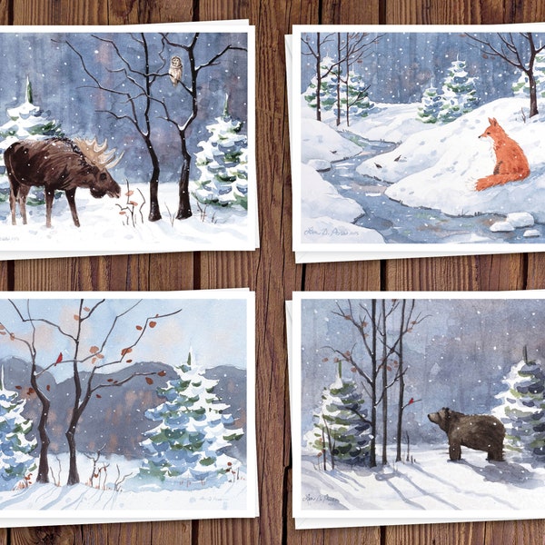 8 Watercolor Note Cards with Envelopes, Featuring Four Assorted Winter Wildlife Watercolors with a Cardinal, Bear, Moose, and Fox