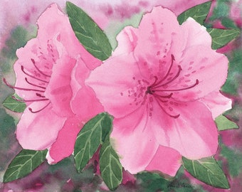 Azalea Flowers Original Watercolor Painting by Laura D. Poss, Pink Azaleas // 8 x 10 painting