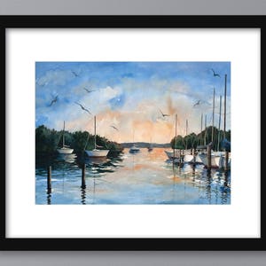 3 sizes Watercolor Print of Sailboats in a Harbor at Sunset, from a Painting by Laura Poss image 2