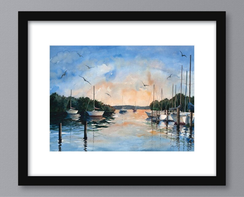 3 sizes Watercolor Print of Sailboats in a Harbor at Sunset, from a Painting by Laura Poss image 2