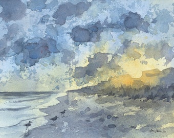 Sunset Glow at the Beach, Original Watercolor Painting by Laura Poss