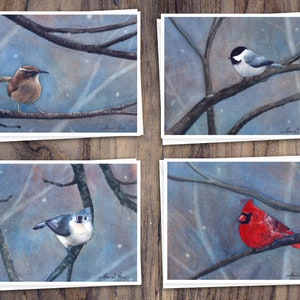8 Watercolor Note Cards with Envelopes, Featuring Four Winter Birds Watercolor Paintings by Laura D. Poss, Blank Inside // Handmade Cards image 1