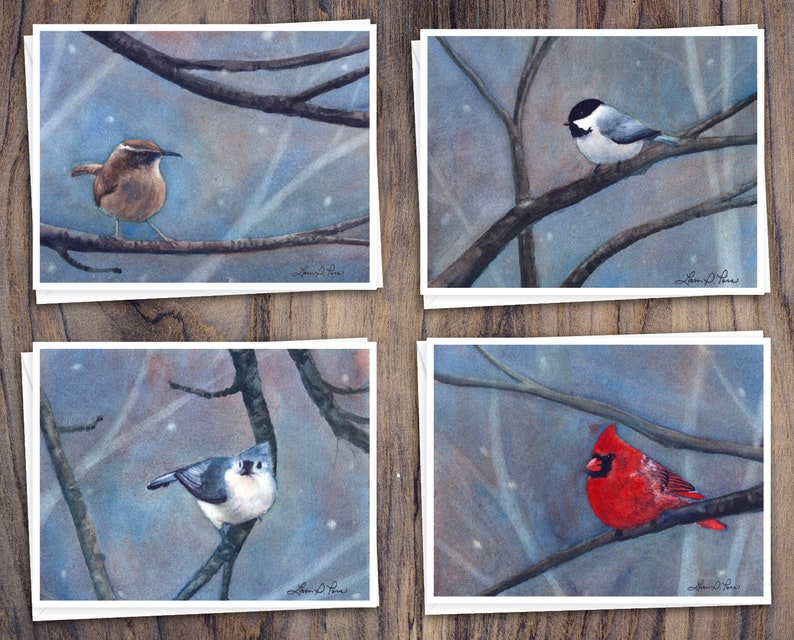 8 Watercolor Note Cards with Envelopes, Featuring Four Winter Birds Watercolor Paintings by Laura D. Poss, Blank Inside // Handmade Cards image 1