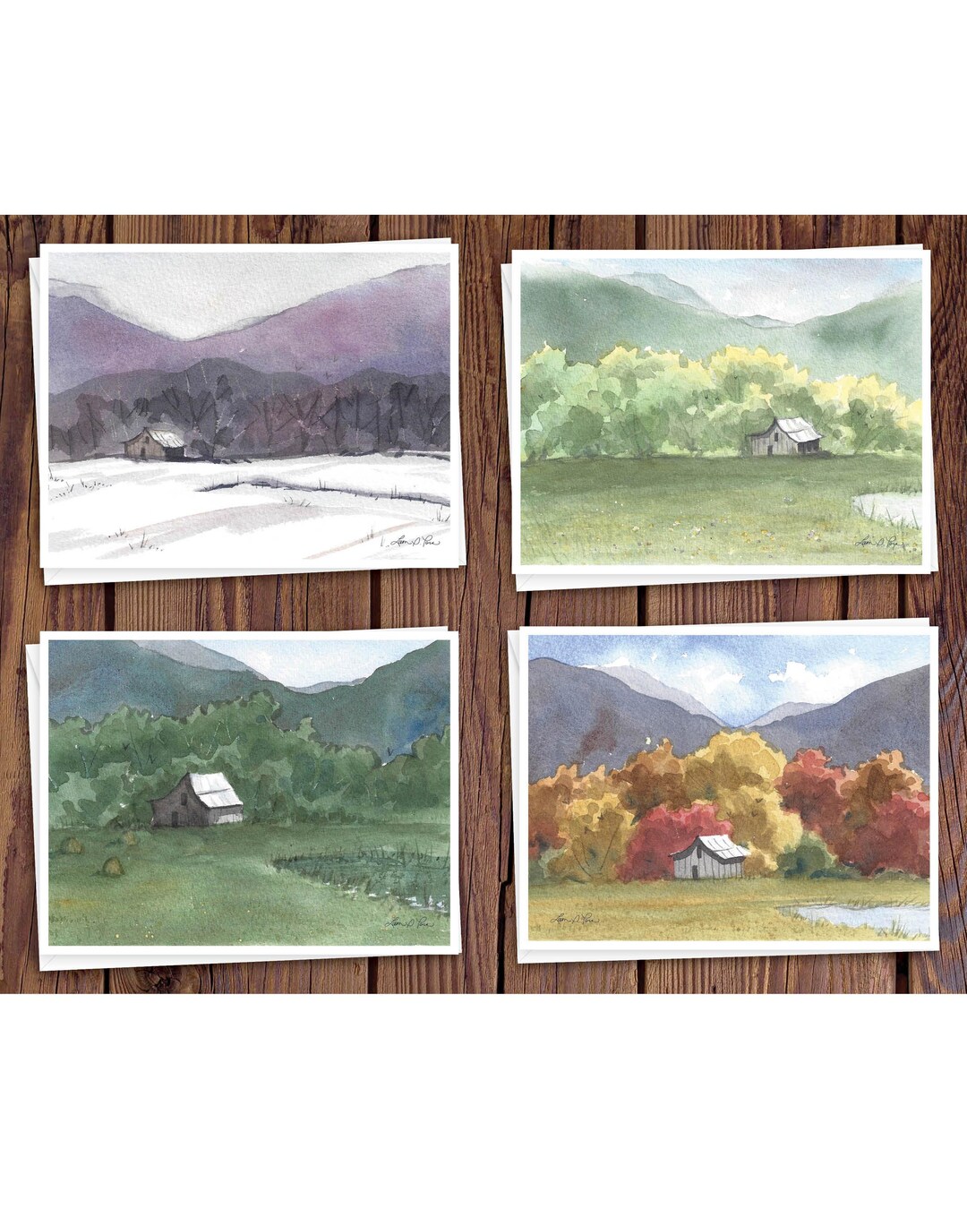 8 Watercolor Note Cards | Handmade Cards With Four Seasons Landscape ...