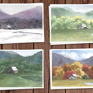 8 cartões de anotações em aquarela com envelopes, apresentando as paisagens das quatro estações, arte em aquarela de Laura Poss, interior em branco // Cartões feitos à mão