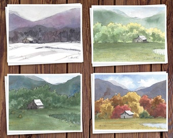 8 Watercolor Note Cards with Envelopes, Featuring the Four Seasons Landscapes, Watercolor Art by Laura Poss , Blank Inside // Handmade Cards