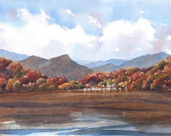 3 sizes- Watercolor Print from a Landscape Painting of a Mountain Lake in Fall by Laura Poss