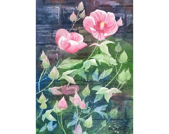 Rose Hibiscus Flowers Original Watercolor Painting by Laura D. Poss, Blooming Hibiscus Flowers