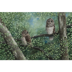 アメリカフクロウのペアの水彩画 | 森の野生動物アート | 森の鳥 | ローラ・ポス・アート