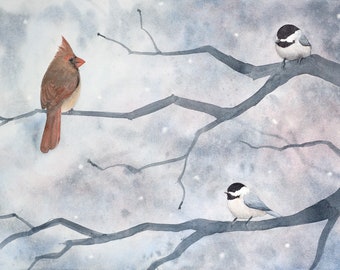 3 sizes- Watercolor Print of a Female Cardinal and Chickadees from a Painting by Laura Poss