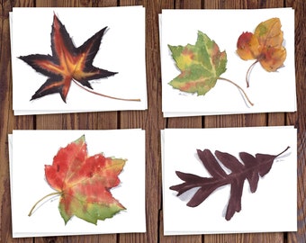 8 Watercolor Note Cards with Envelopes, Featuring Four Assorted Watercolor Paintings of Autumn Leaves, Blank Inside // Fall Handmade Cards