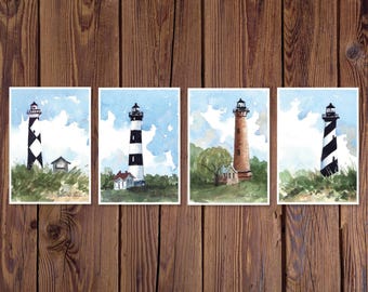 Outer Banks Lighthouses Watercolor Print Set | NC Coastal Art