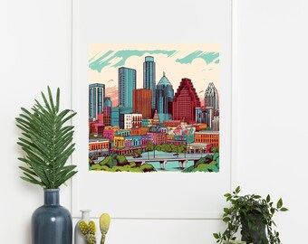 Pop Art Austin Texas Digitaldruck | Lebendige Stadtbild Wandkunst | Sofort Download