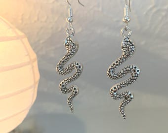 Snake Earrings; Handmade Dangle Silver