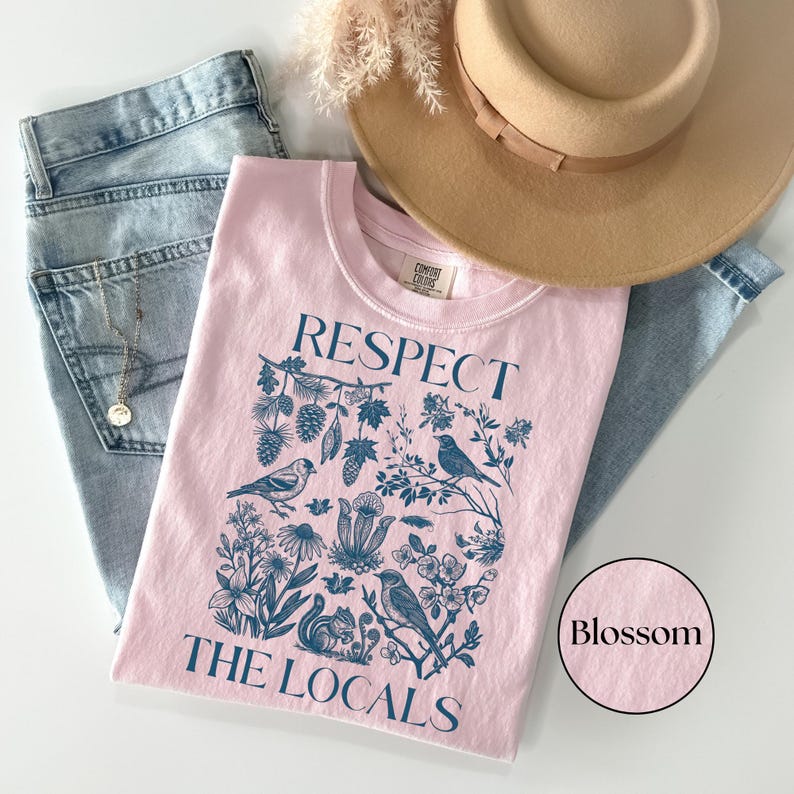 Nature lover graphic shirt with vintage national park style wildlife illustration and Respect The Locals text printed on soft Comfort Colors blossom tee.