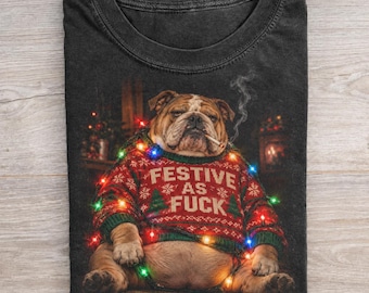Funny Christmas Bulldog Shirt, Smoking English Bulldog Xmas Tee, Ugly Sweater Vintage Grumpy Dog Holiday Shirt Funny Gift for Bulldog Lovers