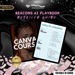 May include: A digital guide titled Beacons AI Playbook featuring a 40-page Canva course. The cover displays a person's face with the text Crash Canva Course. The second page shows a table of contents listing chapters on toolbars, basics, and tips.
