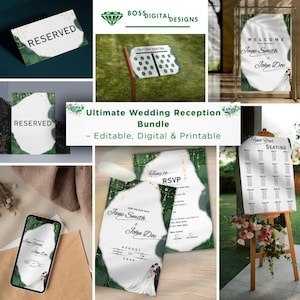 Green & Gold Wedding Reception Signage Bundle: Editable Templates (Digital Download)