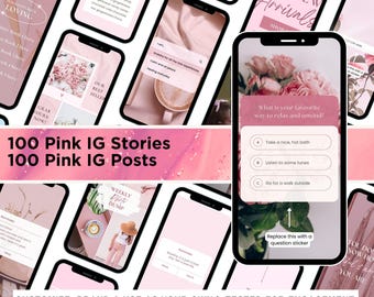 Könnte beinhalten: Eine Sammlung von rosa Smartphone-Mockups mit verschiedenen Instagram Story- und Post-Vorlagen. Das Bild enthält den Text "100 Pink IG Stories 100 Pink IG Posts" und "Customize, Brand & Use As Your Own | Tested For Engagement."