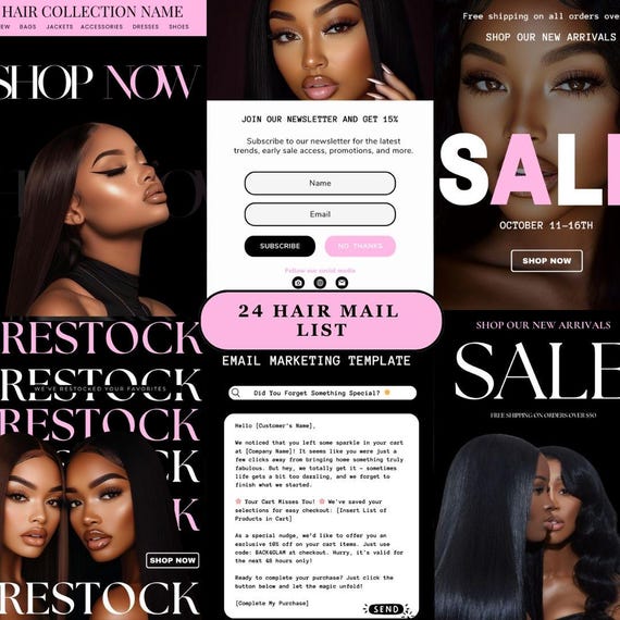 24 Hair Business Email Marketing Templates: Wig & Extensions Email Bundle