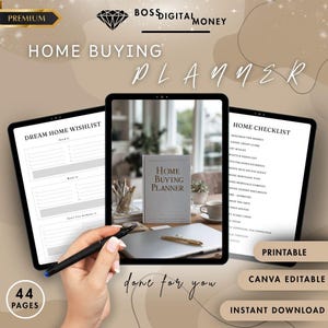 May include: A digital home buying planner with a minimalist design. The image shows a tablet with a "Dream Home Wishlist" and "Home Checklist" displayed. A physical planner and pen are also visible. The text "Home Buying Planner" is prominent.