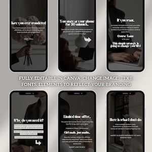 K&ouml;nnte beinhalten: Ein digitales Produkt-Mockup mit sechs Smartphone-Bildschirmen mit Text und Grafiken. Die Bildschirme zeigen S&auml;tze wie "Du starrst 50 Minuten lang auf dein Telefon" und "Vollst&auml;ndig bearbeitbar in Canva". Das Gesamtthema ist Social-Media-Marketing.