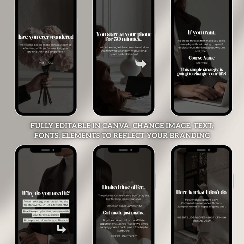 K&ouml;nnte beinhalten: Ein digitales Produkt-Mockup mit sechs Smartphone-Bildschirmen mit Text und Grafiken. Die Bildschirme zeigen S&auml;tze wie "Du starrst 50 Minuten lang auf dein Telefon" und "Vollst&auml;ndig bearbeitbar in Canva". Das Gesamtthema ist Social-Media-Marketing.