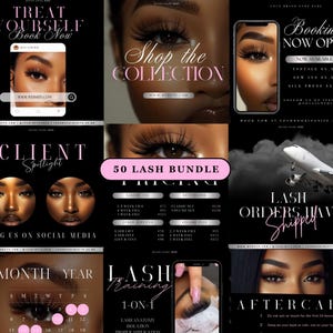 Könnte beinhalten: Werbebild für Wimpernverlängerungen und verwandte Dienstleistungen. Das Bild zeigt Texte wie "Shop the Collection", "50 Lash Bundle" und "Lash Training". Das Bild enthält auch Fotos von Augen mit langen Wimpern und einen Kalender.